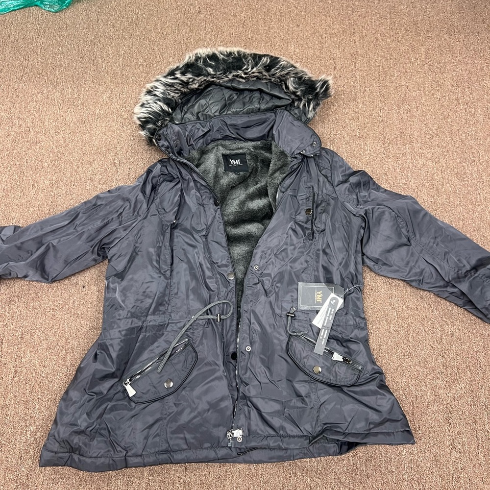 YMI Black and Gray Utility Jacket with Faux Fur Hood